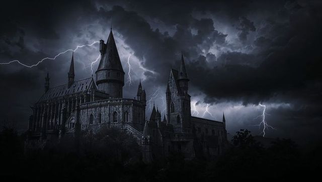 Gothic castle amidst storm with striking lightning and dark clouds