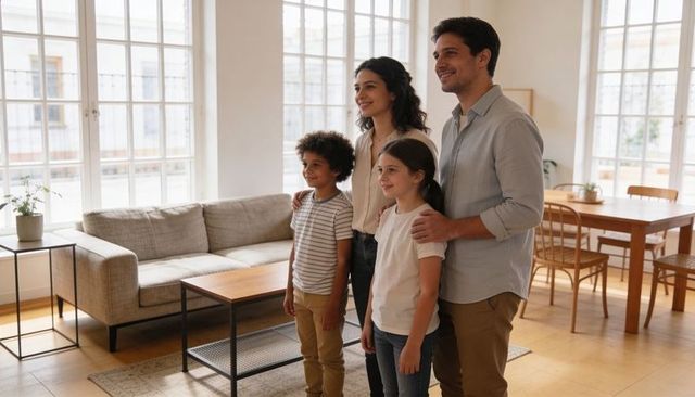 Family of four posing in bright minimal living room with warm natural light and smiles