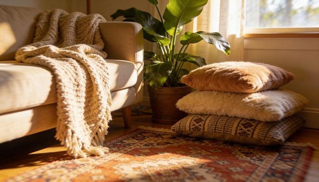 Sunlit cozy boho living room corner with chunky knit throw and layered cushions