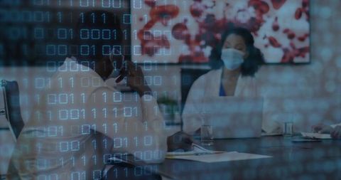 Corporate team holding hybrid tech meeting with binary data overlay and masked staff