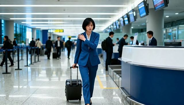 Businesswoman walking through busy airport terminal holding shoulder pulling carry-on