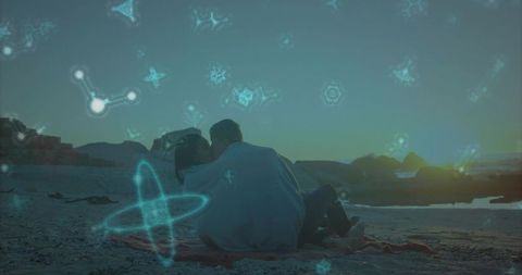 Romantic Couple on Beach Leisure at Sunset with Mystical Symbols