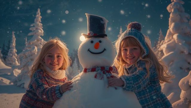 Children Creating Snowman in Winter Wonderland at Dusk