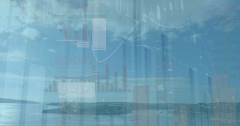 Financial data overlaying scenic seascape symbolizing global economic connection