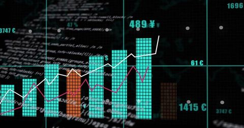 Neon fintech dashboard displaying tiled bar clusters and dual trend lines for analytics