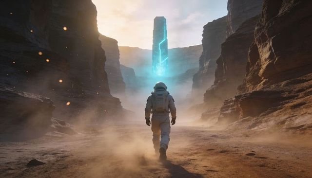 Astronaut walking through dusty canyon toward glowing cyan monolith