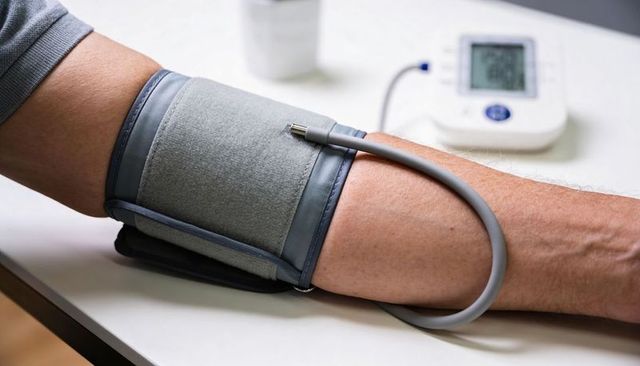 Close-up home blood pressure monitoring on forearm with upper-arm cuff and digital monitor