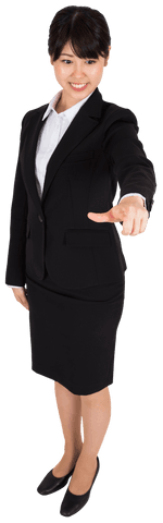 Happy asian businesswoman pointing isolated transparent background