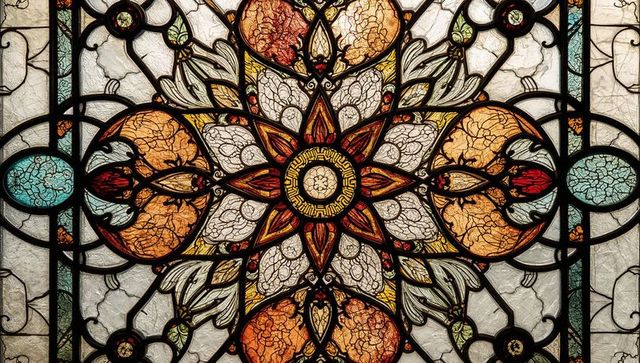Intricate stained glass panel with art nouveau design