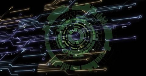 Futuristic Green Multiringed Interface with Digital Circuit Traces