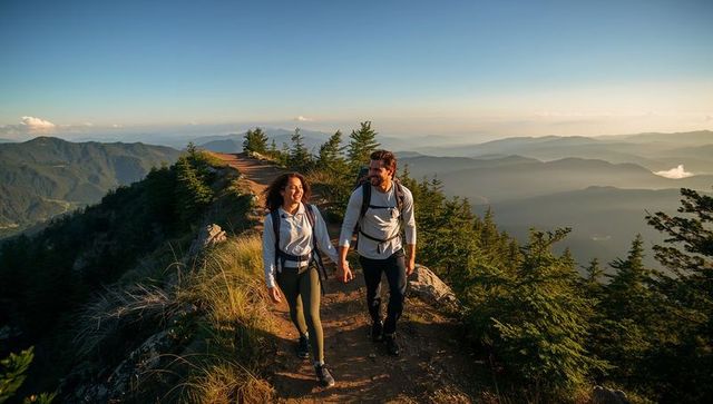 Couple hiking along mountain ridge at sunset holding hands with backpacks panorama