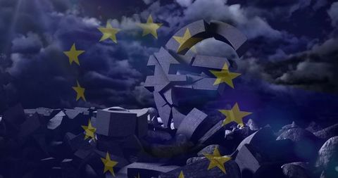 Collapsing euro symbol crumbling into rubble under eu stars and stormy sky