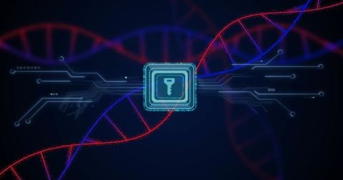 Encrypting genomes: microchip key protecting dna helix with neon circuit traces and futuristic glow
