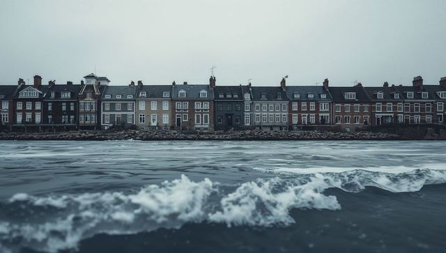 Moody coastal historic terraced houses hugging rocky seawall with choppy gray waves