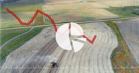 Drone aerial farming analytics overlay showing combine harvesting, pie chart and trend