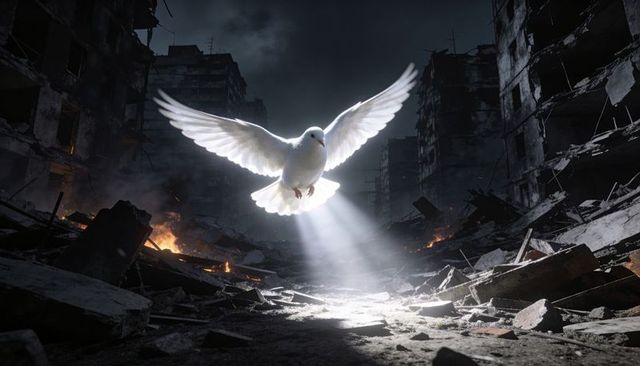 White dove hovering in beam of light over ruined city street, flapping in apocalyptic night