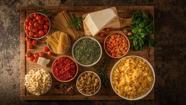 Rustic italian pasta ingredients arranged on wooden board with parmesan cheese and basil