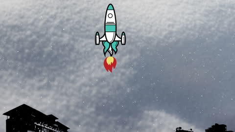 Cartoon Rocket Launching in Snowy Sky Integrating Animation and Nature