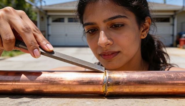 Woman filing weld seam on copper pipe with hand file for diy plumbing repair outdoors