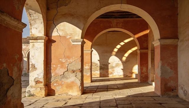 Sunlit weathered cloister arches revealing peeling stucco and cracked stone columns