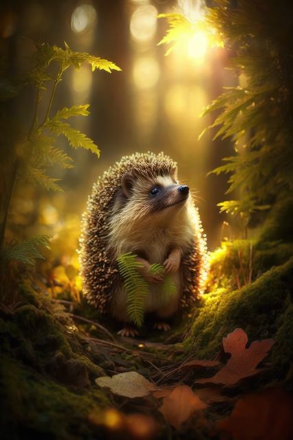 Charming scene featuring a hedgehog in bright forest undergrowth with sun filtering through trees. Ideal for use in nature publications, wildlife blogs, children's books, or educational materials about animals.