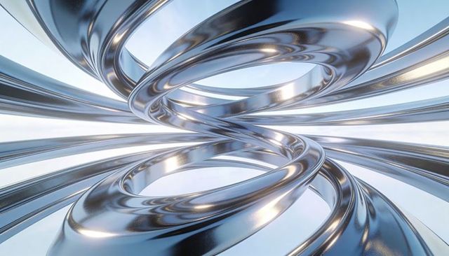 Interwoven polished chrome helix loops reflecting blue gradient futuristic abstract metallic