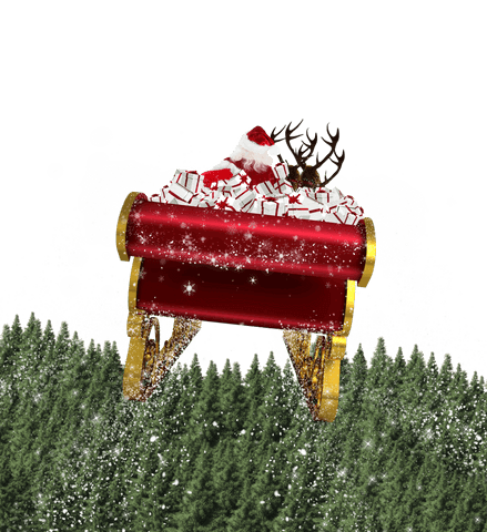 Santa's flying sleigh over forest on transparent background