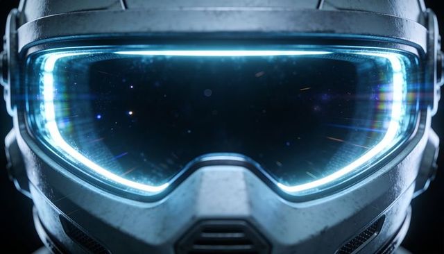 Glowing futuristic metallic helmet with cyan led visor, reflective sci-fi armor close-up