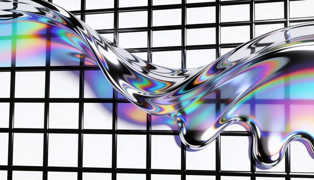 Iridescent chrome ribbon flowing over backlit grid with rainbow holographic reflections