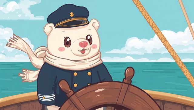 Charming polar bear captain steering wooden helm wearing navy coat hat and scarf at sea