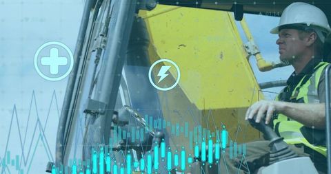 Construction Operator Using Excavator Joystick with Telemetry Overlay and Safety Gear