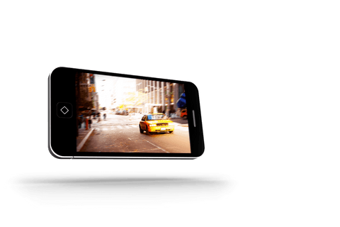 Transparent smartphone displaying cityscape