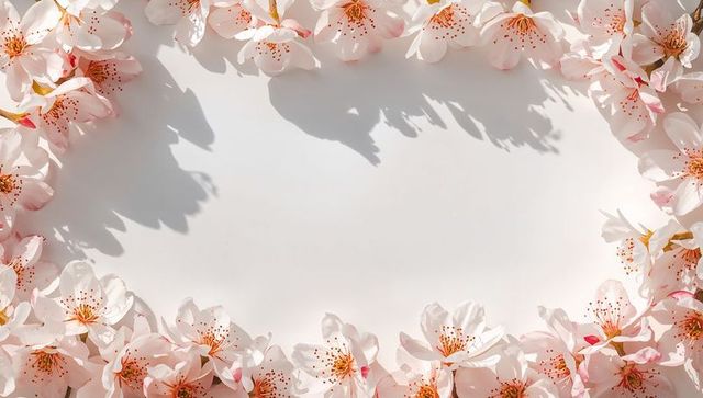 Pale pink cherry blossom frame casting soft shadows around central space for spring designs