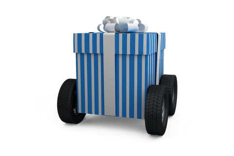 Transparent Blue Striped Gift Box on Wheels for Innovative Deliveries