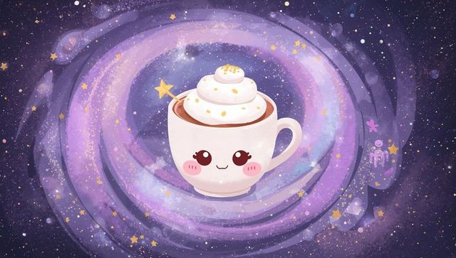 Kawaii Teacup Floating in Purple Galaxy with Whipped Cream and Star Wand Illustration