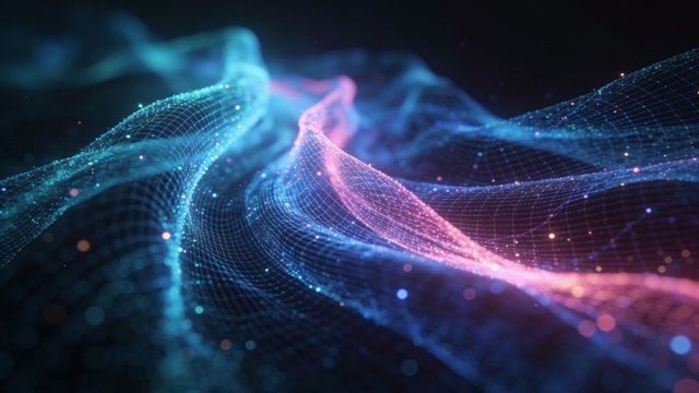 Neon wireframe wave flowing through dark digital void with glowing particles and grid