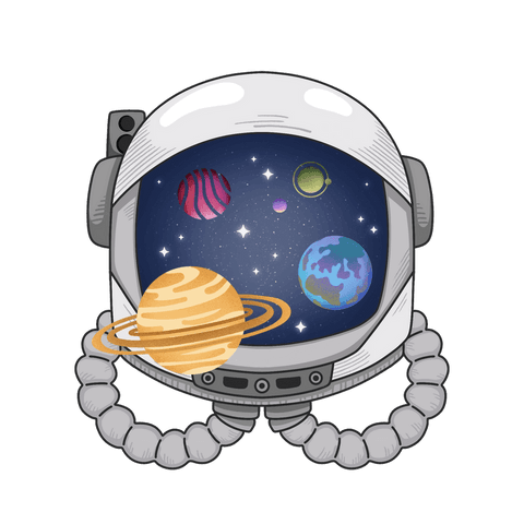 Astronaut helmet displaying cosmic scene on transparent background