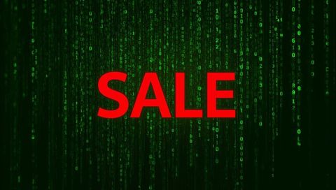 Futuristic digital sale banner showing bold red sale over cascading green binary neon code