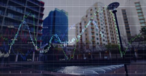 Cityscape with Financial Charts and Digital Data Overlay