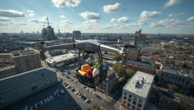 Autonomous drone delivering grocery basket over city rooftops during sunny daytime skyline