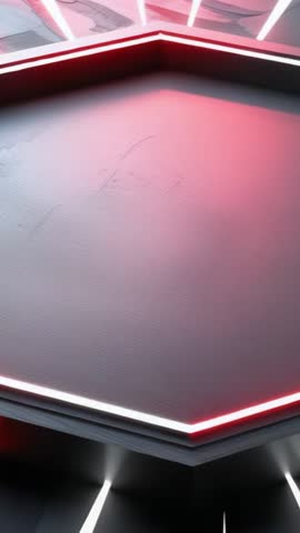 Pulsing Hexagonal Platform Emitting Red LED Border and Rising White Beams Vertical Video
