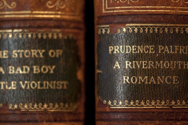 Close-up of two antique leather-bound books with worn titles: 'The Story of a Bad Boy' and 'A Rivermouth Romance'. Ideal for themes related to vintage literature, history, nostalgia, classic novels, libraries, reading culture, and antique aesthetics. Suitable for advertisements, educational content, historical documentaries, and interior design inspiration.
