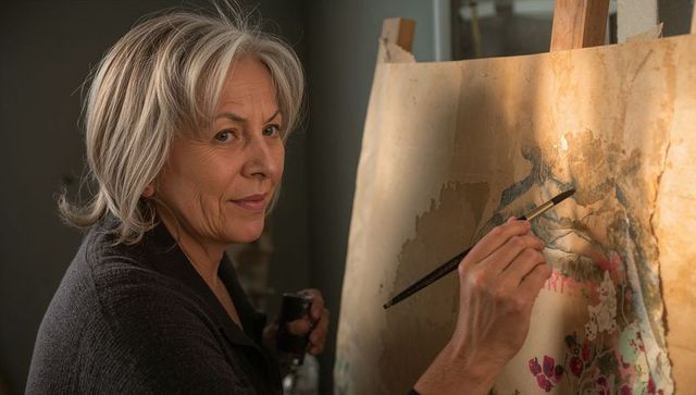 Mature female artist painting floral abstract on easel in studio, holding brush