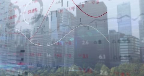 Financial Charts Over City's Skyline Representation