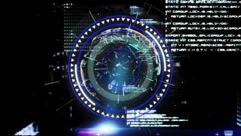 Futuristic Digital Interface With Rotating Holographic Elements and Code