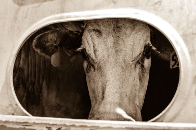 Close-up of a cow's face framed by a trailer window, captured in sepia tone. The image highlights the cow's large eyes and detailed fur, giving it a rustic, vintage charm. Ideal for use in agricultural content, animal welfare campaigns, rural lifestyle promotion, or vintage-themed projects.
