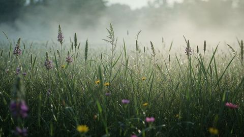 Dewy meadow nebraska grasses and wildflowers at dawn