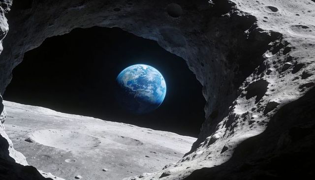 Framing lunar alcove revealing earthrise over cratered lunar surface with shadowed rock