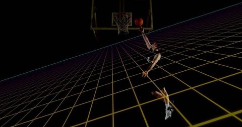 Basketball Player Performing Dynamic Dunk on Neon Digital Court