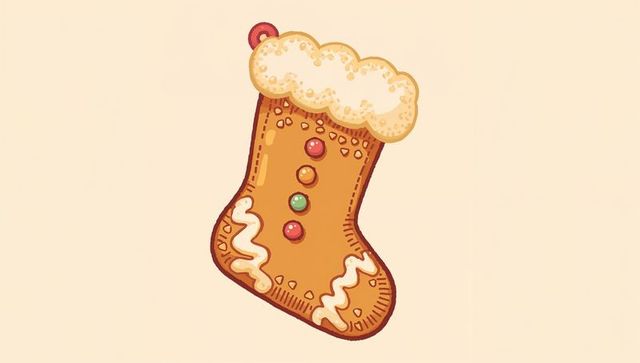 Gingerbread stocking cookie featuring frosted cuff and candy buttons on pale beige backdrop